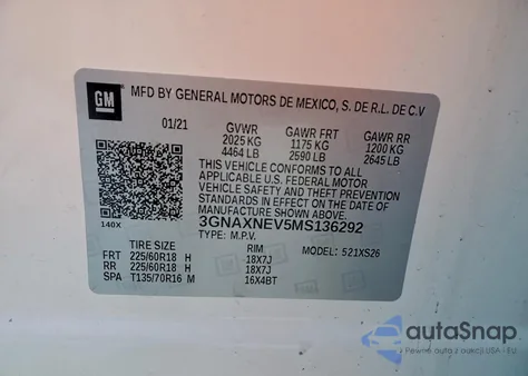 2021 Chevrolet Equinox Premier z USA, uszkodzony, nr VIN 3GNAXNEV5MS136292
